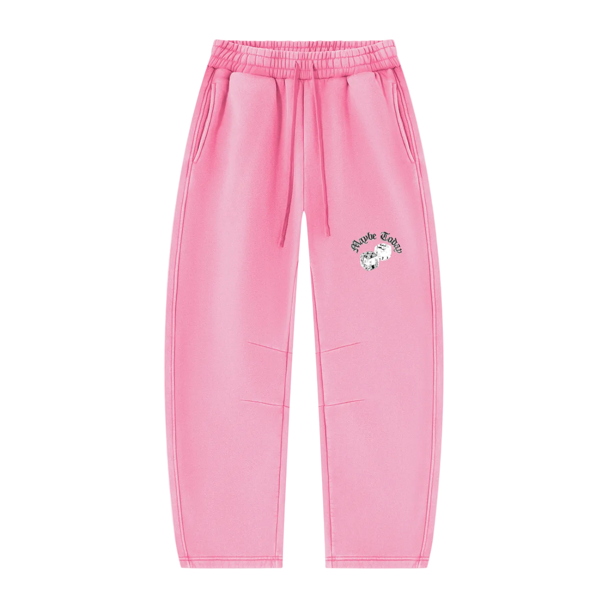 Pink sweatpants with an elastic waistband, drawstring, side pockets, and a small Hello Kitty graphic on the left thigh, shown against a plain white background.
