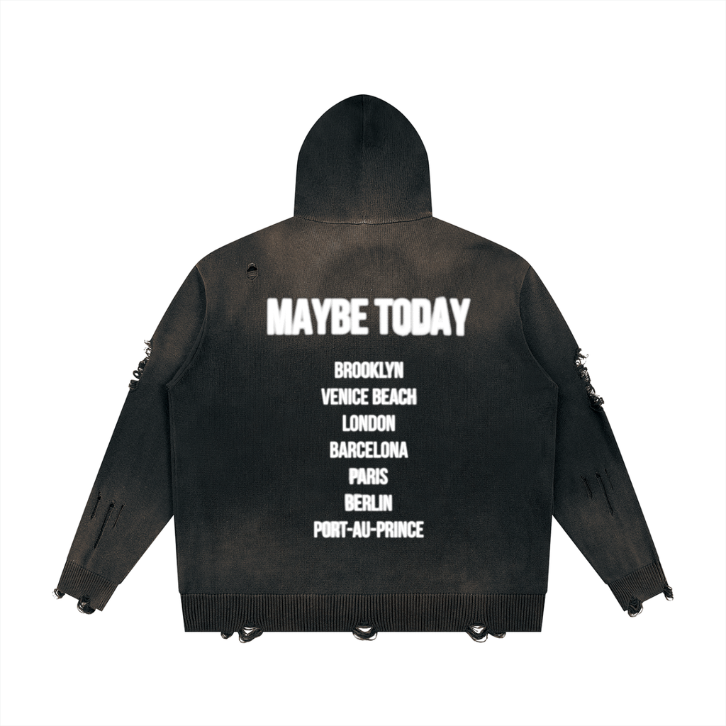 Worldwide Distressed Zip Sweater