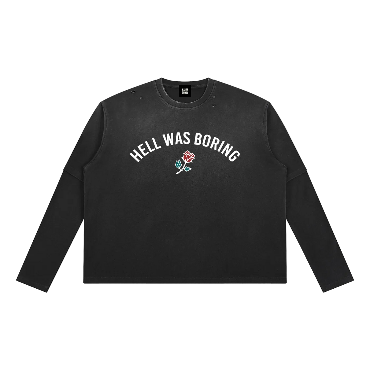 A black long-sleeve crewneck sweatshirt with the words 'STILL GOING' printed in bold white capital letters across the chest, displayed flat against a solid white background.