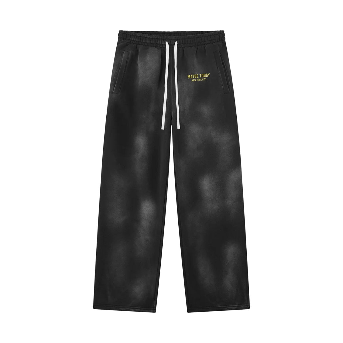 Black tie-dye sweatpants with a white drawstring and yellow 'MAYBE TODAY' text on the left hip, shown flat on a white background.