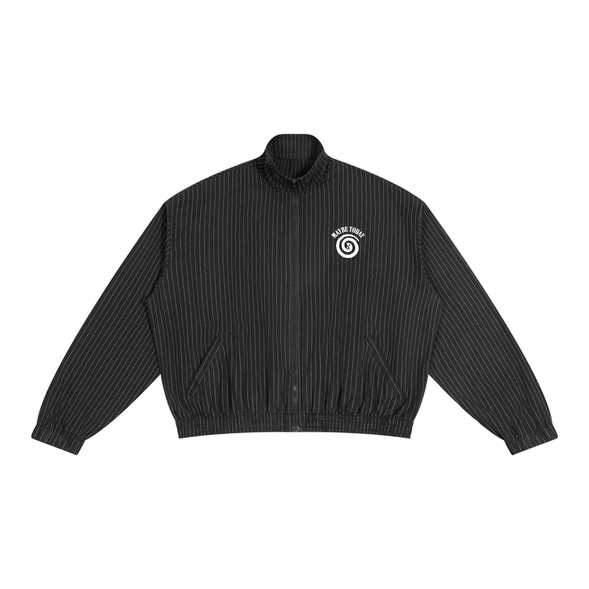 A black pinstriped zip-up jacket with a stand collar, featuring a white circular logo on the left chest that reads 'GREAT BUCKS' and 'EST. 2024'.