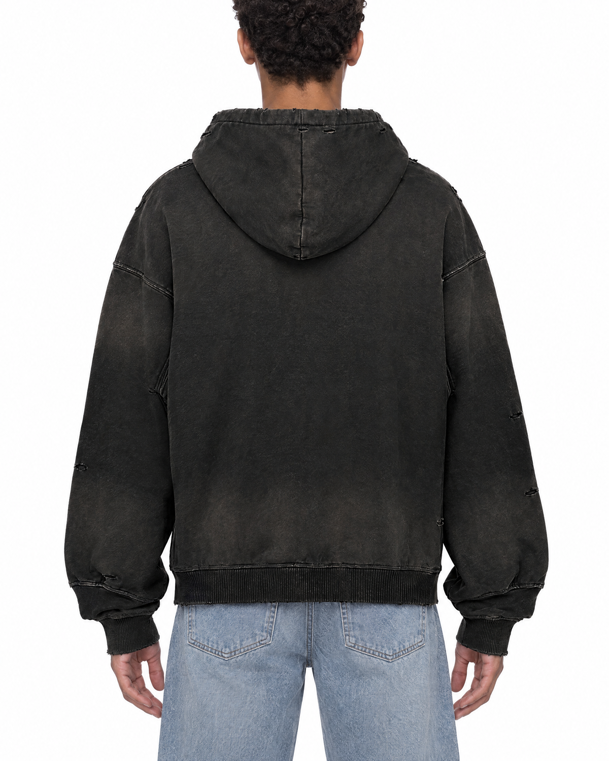 Hell Was Boring Distressed Hoodie on model, back