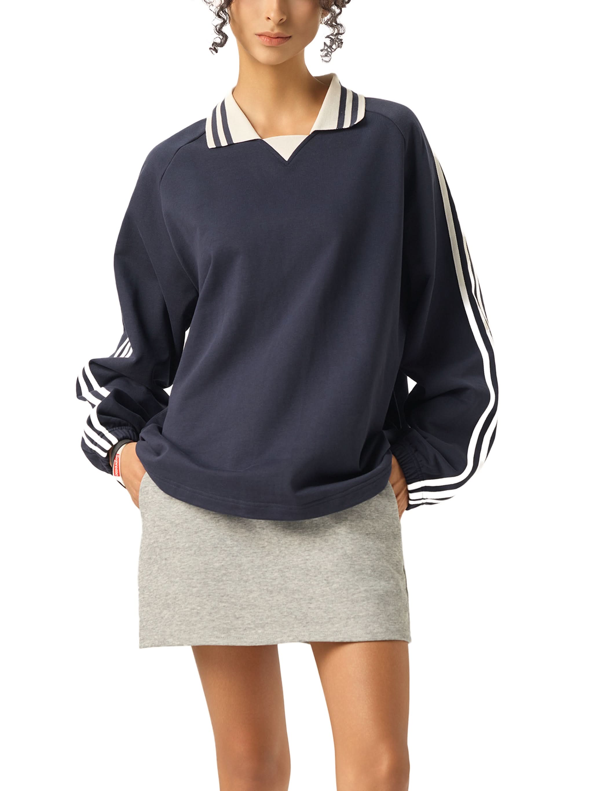 EVERYDAY Contrast Striped Lapel Collar Sweatshirt
